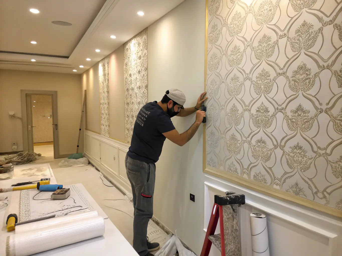 A Mr. Painter employee carefully installing wallpaper in a dining room, demonstrating the wallpaper installation service.